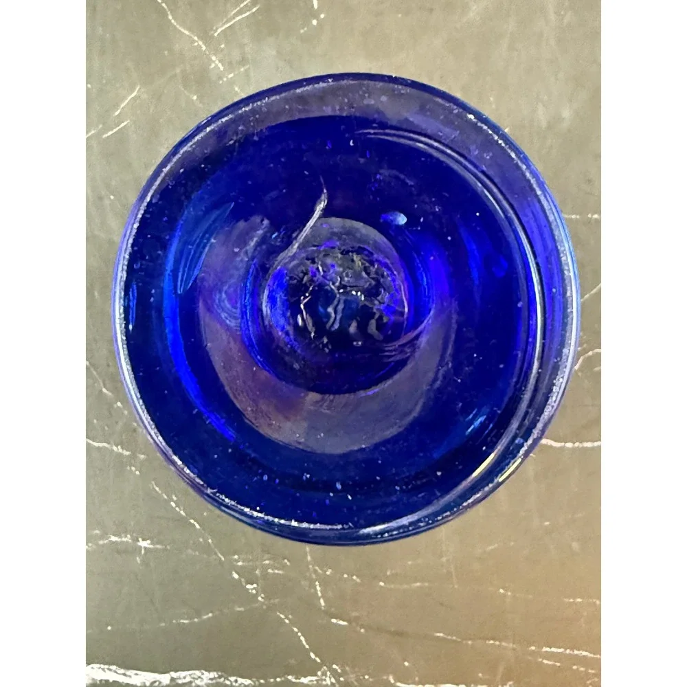 Mexican Hurricane Glass Hand Blown Cobalt Blue Stem and Rim 5 1/8in